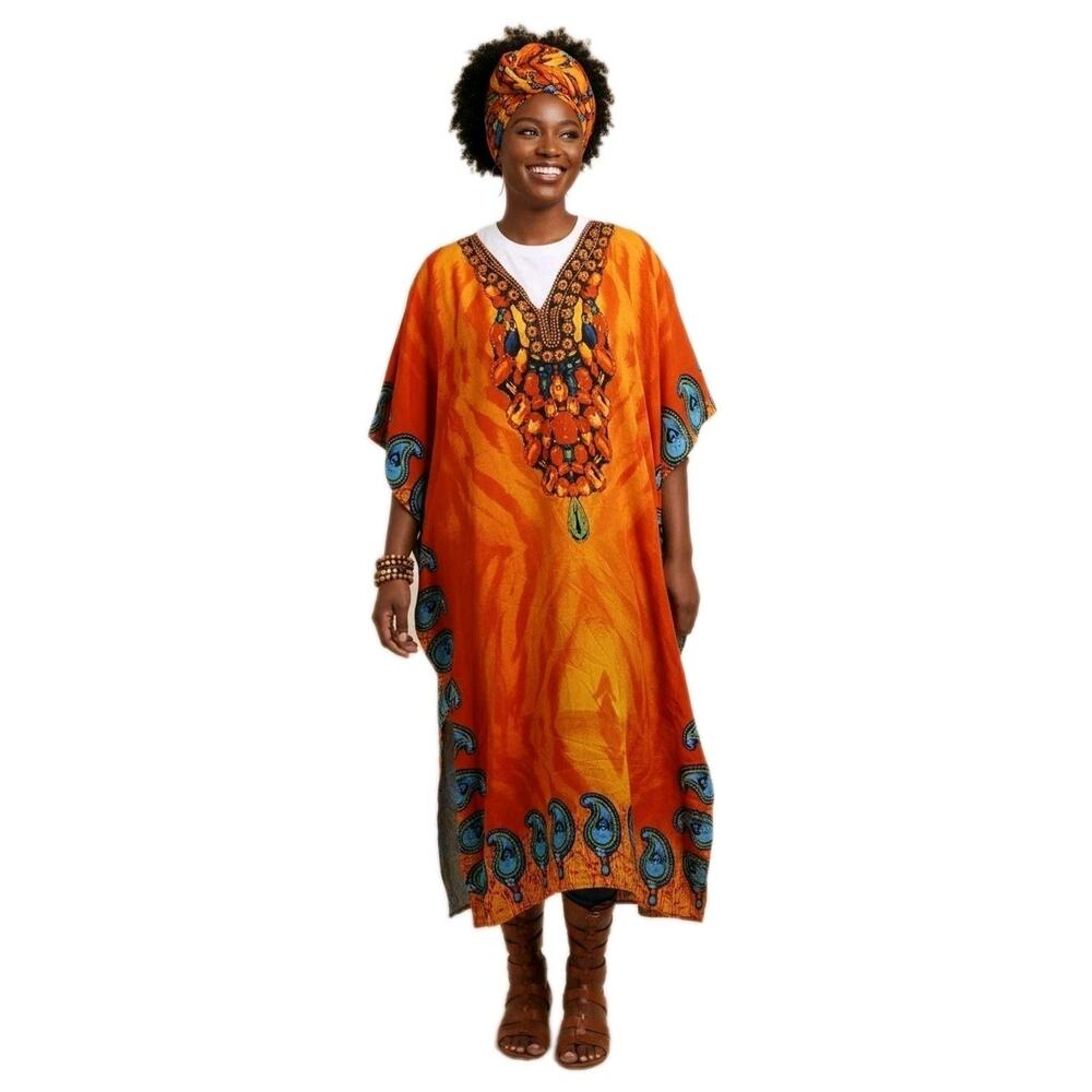 Exotic Kaftan Maxi Dress BEADED Sz XL Orange African Indian Unisex Boho Relaxed